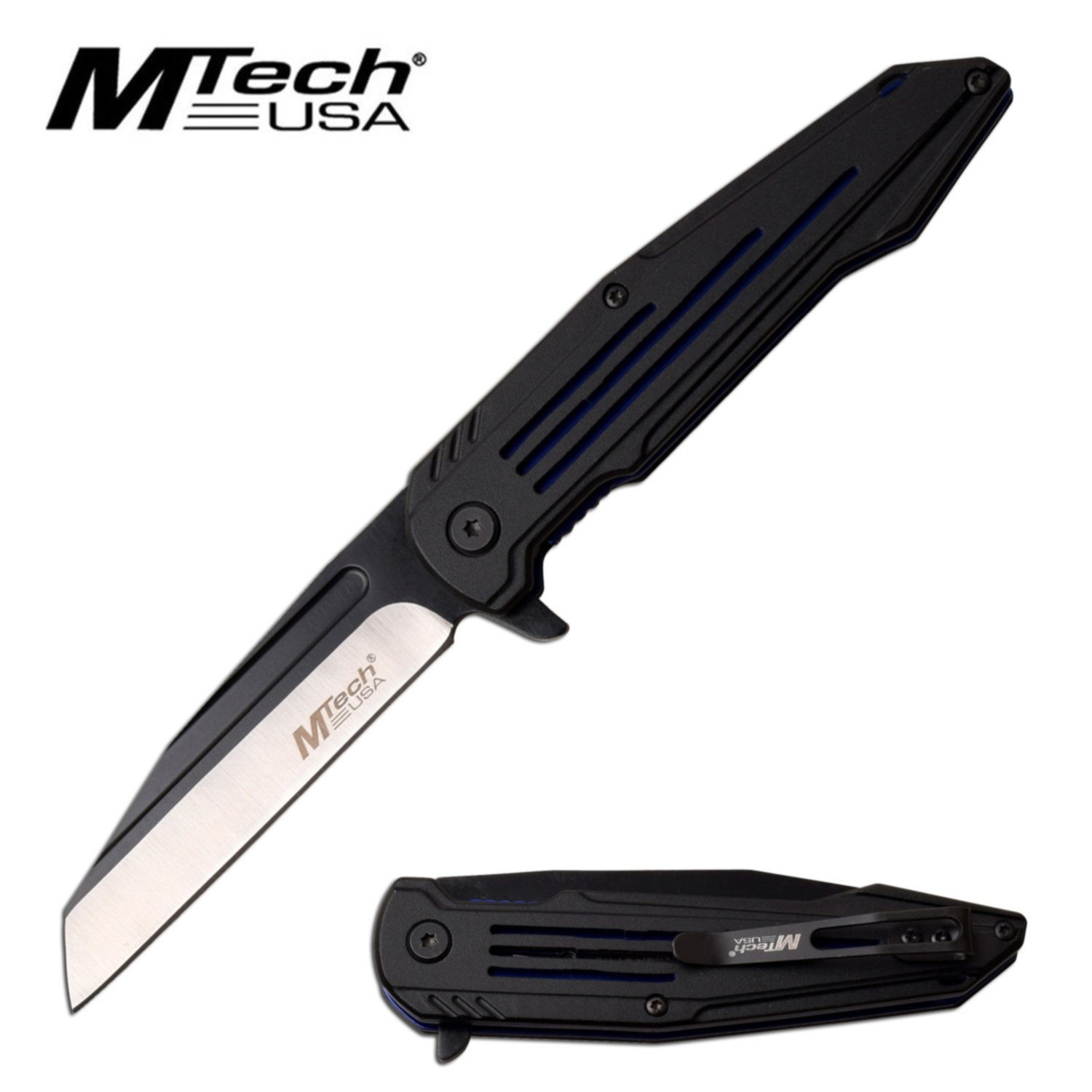 Folding Knife | Mtech Sheepsfoot Blade Black Blue Handle Ball Bearing Pivot EDC