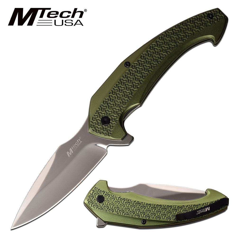 Folding Pocket Knife Mtech 3.25in Silver Blade Green Aluminum Handle EDC Tactical