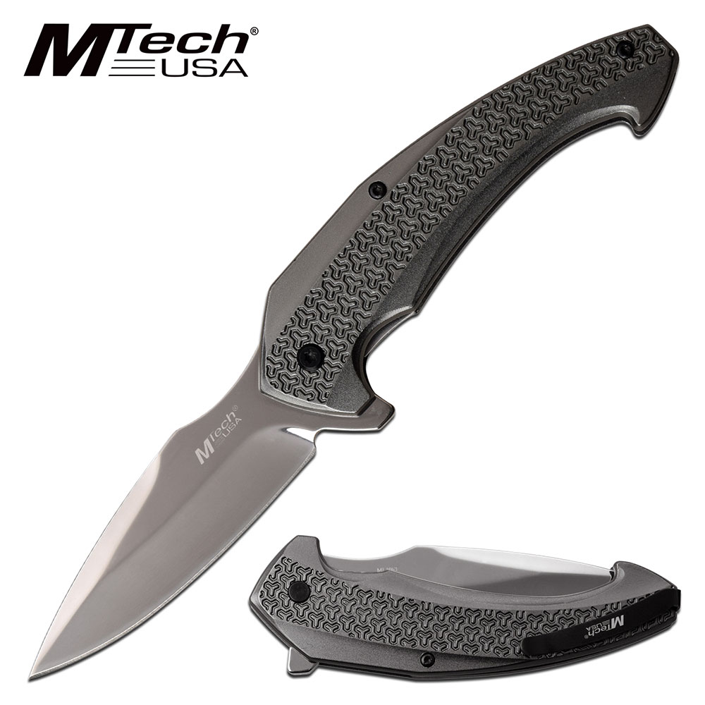 Folding Pocket Knife Mtech 3.25in Silver Blade Gray Aluminum Handle EDC Tactical