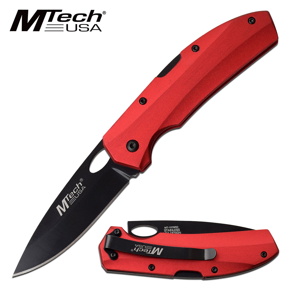Red Folding Pocket KnifeMtech 3" Black Plain Blade Lockback EDC 