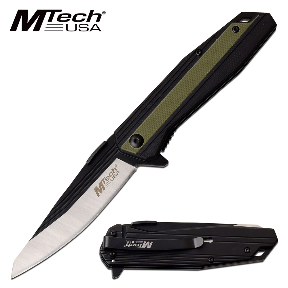 Folding Pocket Knife Mtech 3.5in. Black/Silver Plain Blade EDC Green G10 Handle