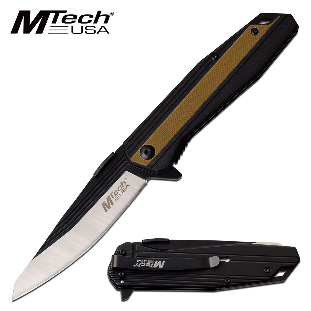 Folding Pocket Knife Mtech 3.5in. Black/Silver Plain Blade EDC Tan G10 Handle