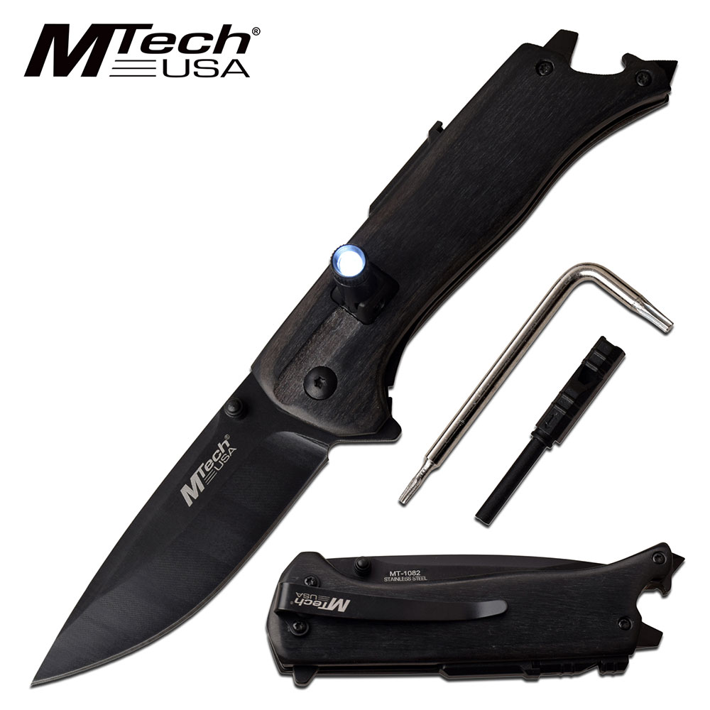 Folding Knife | Mtech Black Blade Wood Multi-Tool Led Light, Fire Starter EDC Bk
