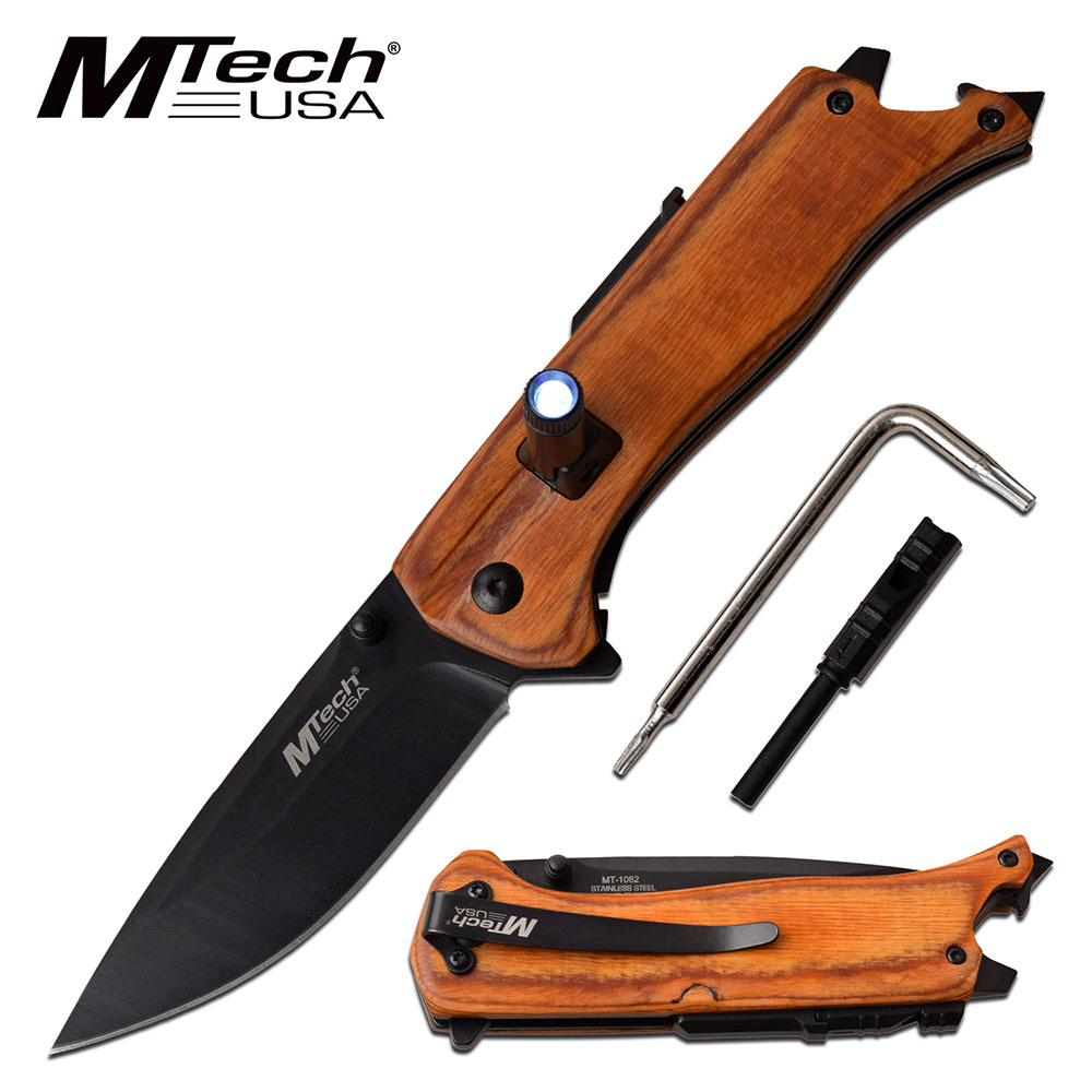 Folding Knife | Mtech Black Blade Wood Multi-Tool Led Light, Fire Starter EDC Br
