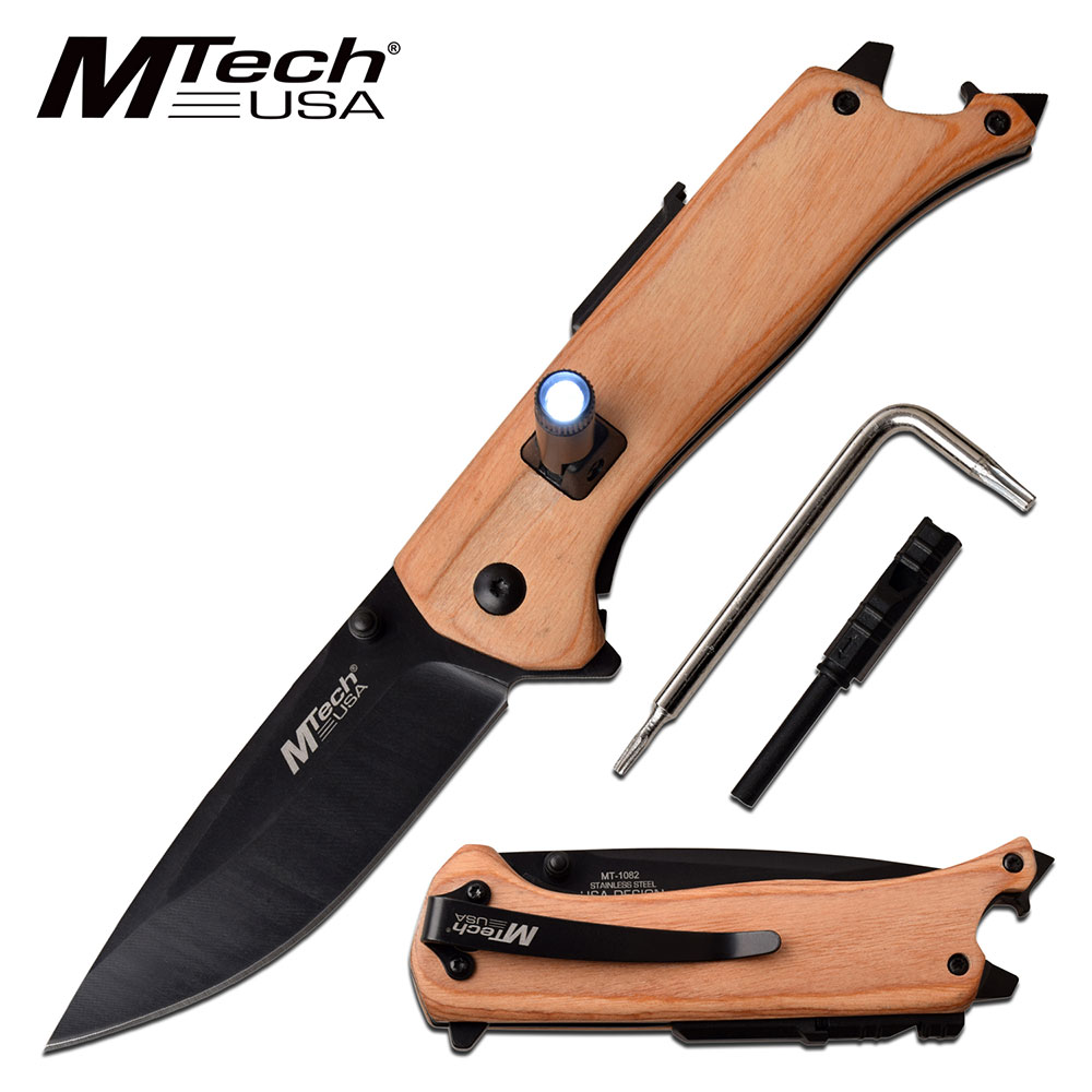 Folding Knife Mtech Black Blade Wood Multi-Tool LED Light, Fire Starter EDC N
