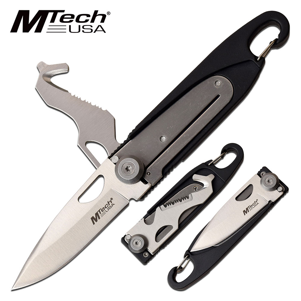Folding Knife | Mtech 2 Silver Blade Utility Multi-Tool Carabiner EDC - Black