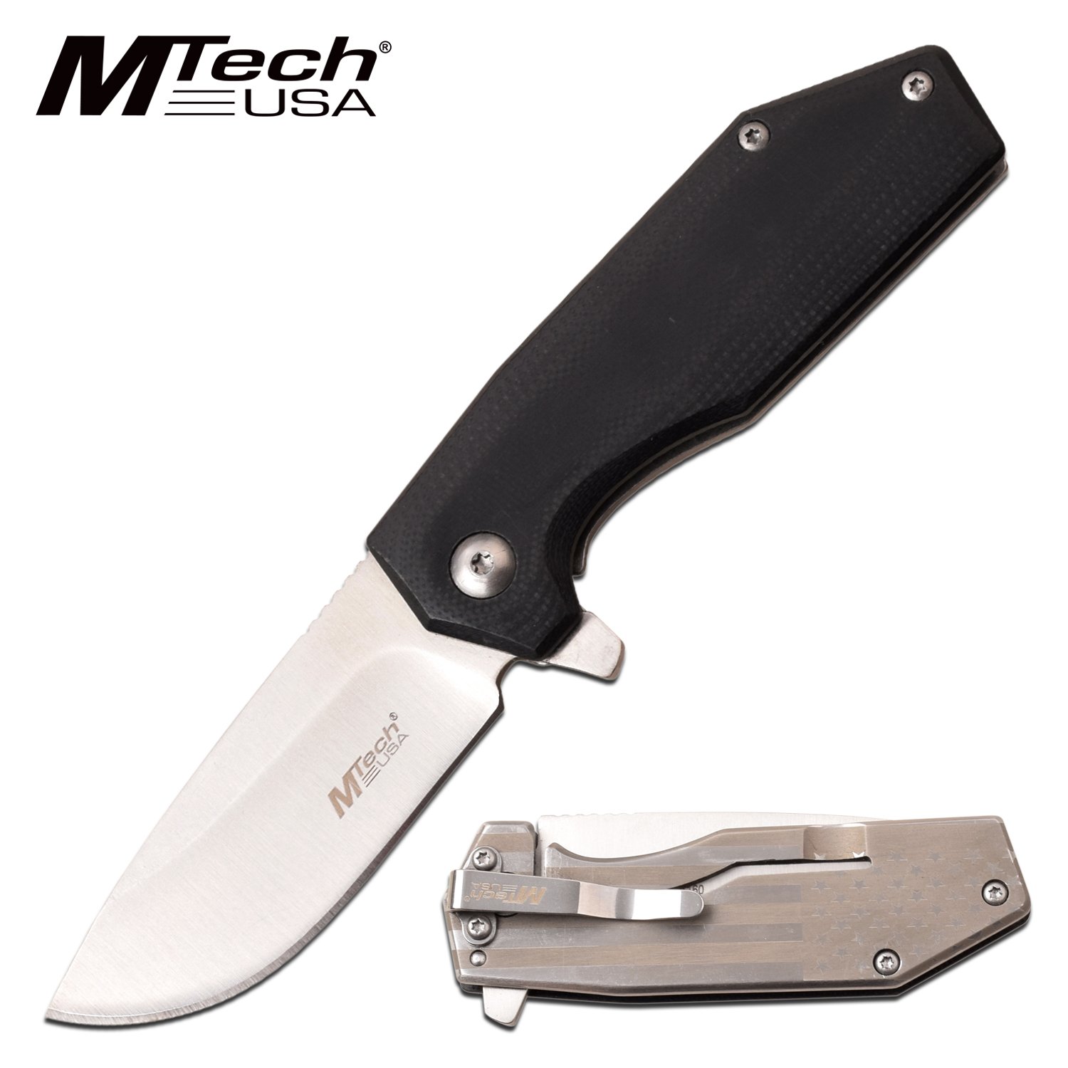 Pocket Folding Knife Mtech 6in. Overall Black Tactical Folder USA Flag Mt-1160Sf