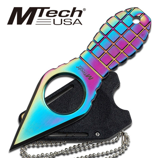 Mtech 4.25 Rainbow Finish Grenade Neck Knife w/ Hard Plastic Sheath