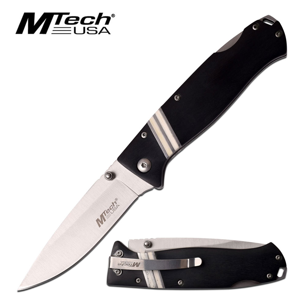 Folding Pocket Knife Mtech 3.5in. Silver Blade Black Wood White Bone Lockback