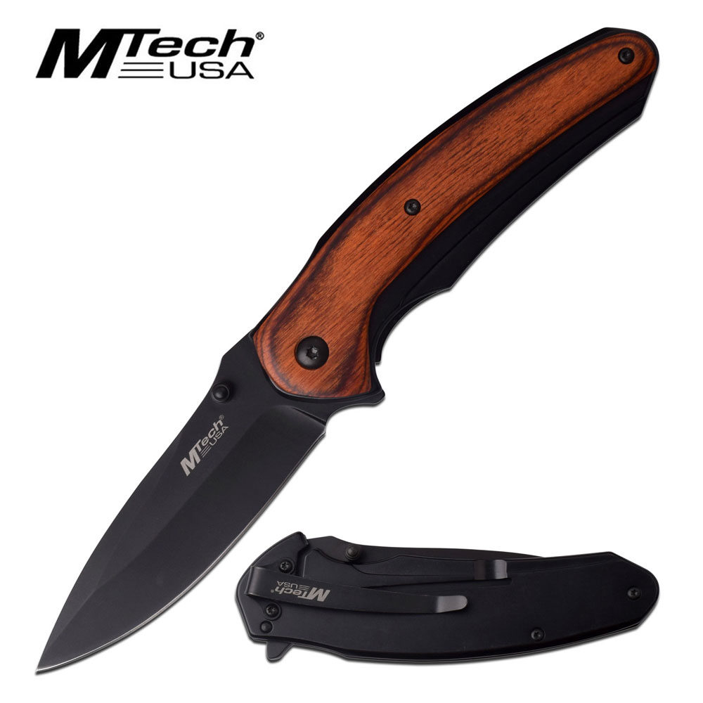 Folding Pocket Knife Mtech 3.5in. Black Blade Tactical Utility EDC Brown Wood