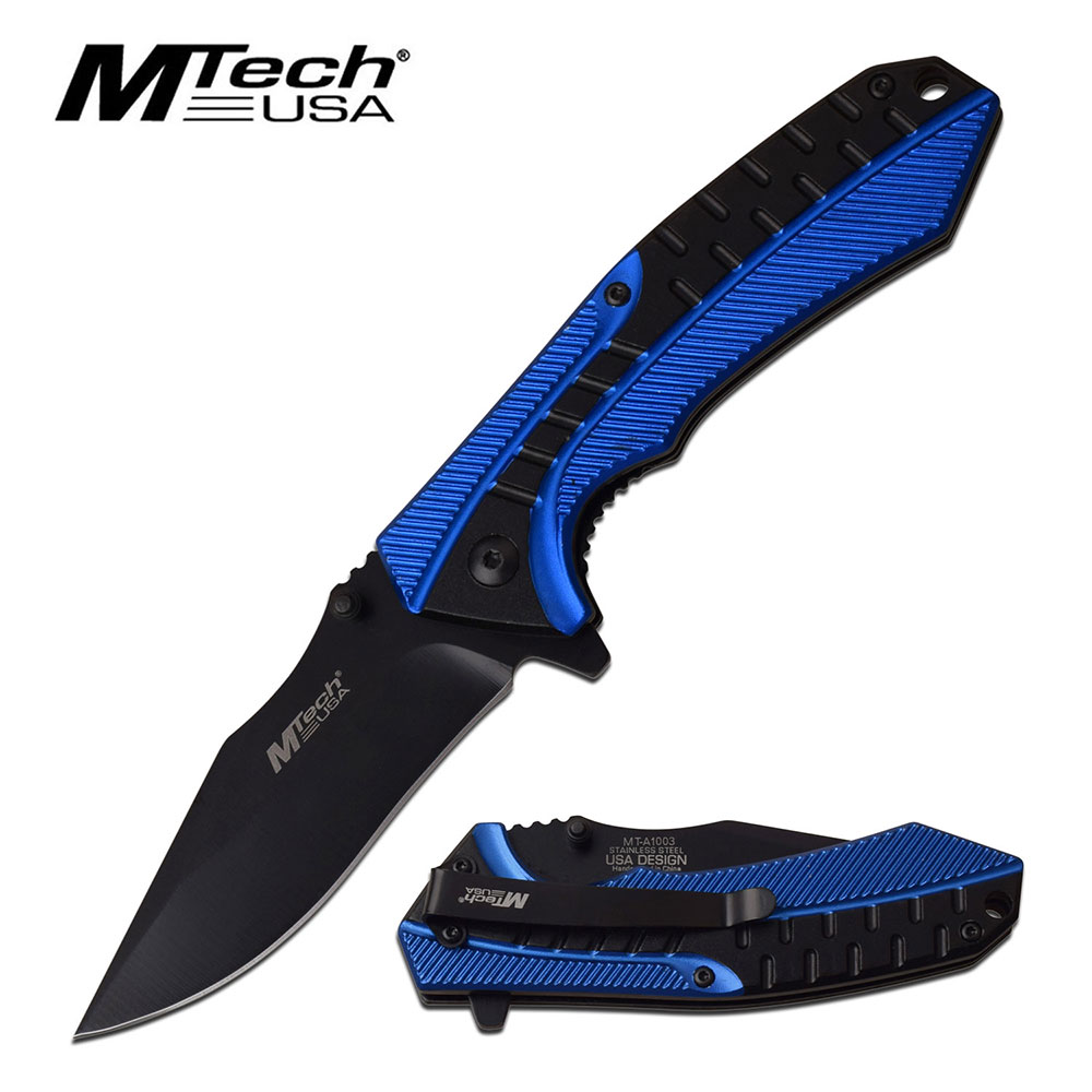Spring-Assist Folding Knife Mtech 3.4in. Black Blade Blue Tactical Utility 1003