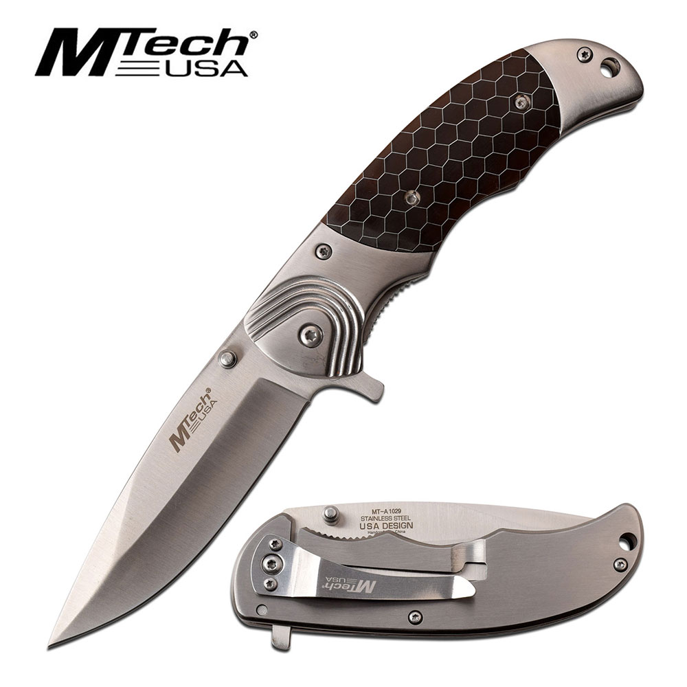 Spring-Assist Folding Knife Mtech 3.5in. Silver Brown C-Tek Handle Tactical EDC