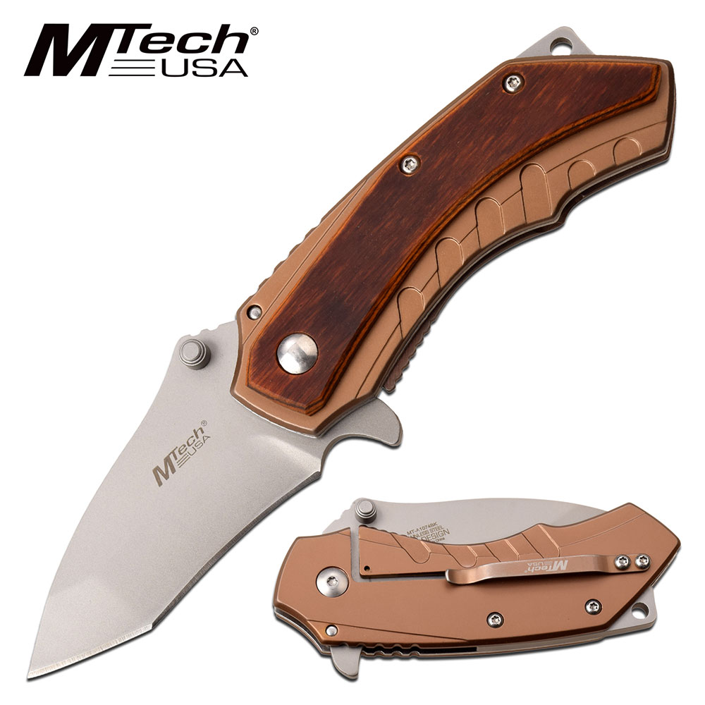 Spring-Assisted Folding Knife Mtech Mini Tanto 2.5in. Blade Copper Wood Handle