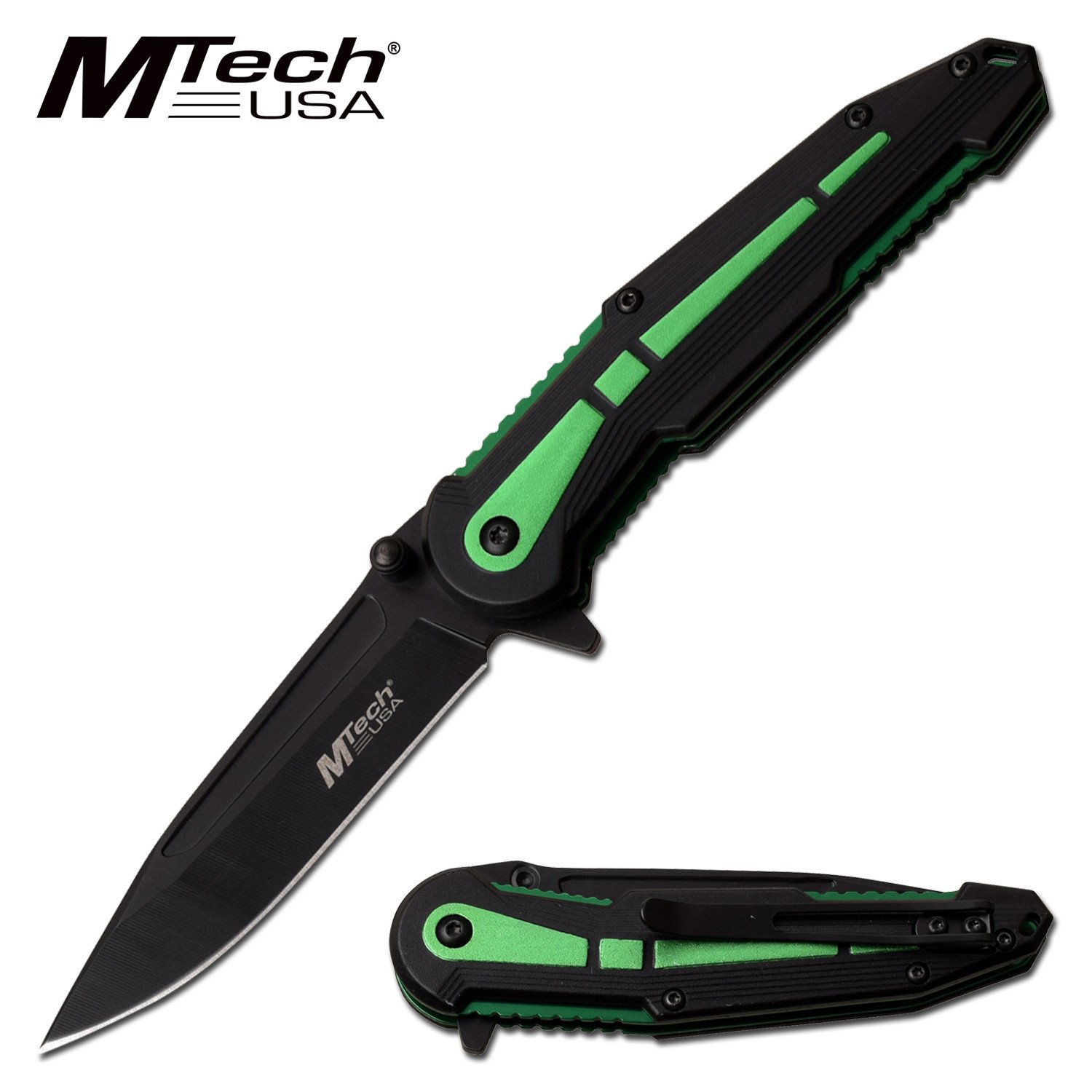Spring-Assist Folding Knife Mtech Black 3.5in. Blade Slim Tactical EDC Green