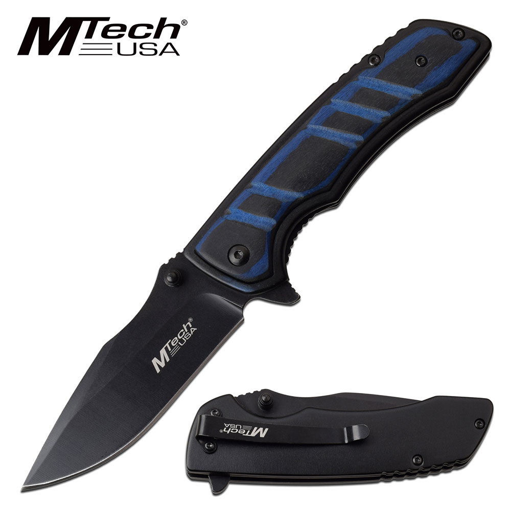 Spring-Assist Folding Knife Mtech Black Blue Wood Handle 3.25in. Blade EDC