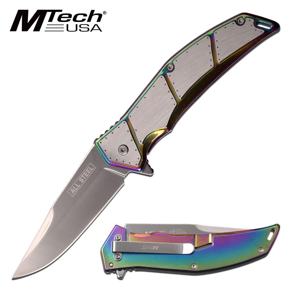 Spring-Assist Folding Knife Mtech All Steel 3.75in Blade Tactical Plate - Rainbow