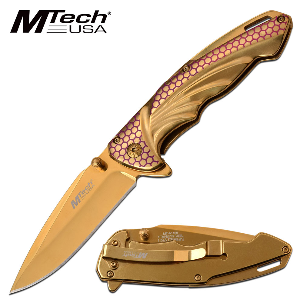 Spring-Assist Folding Knife Mtech 3.5in. Gold Blade Nano Tech Tactical EDC