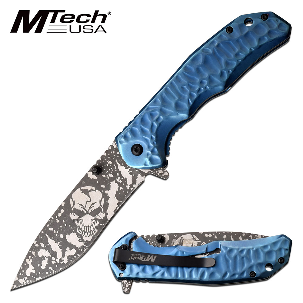 Spring-Assist Folding Knife Mtech Gray Skull 3.75in. Blade EDC Tactical Blue