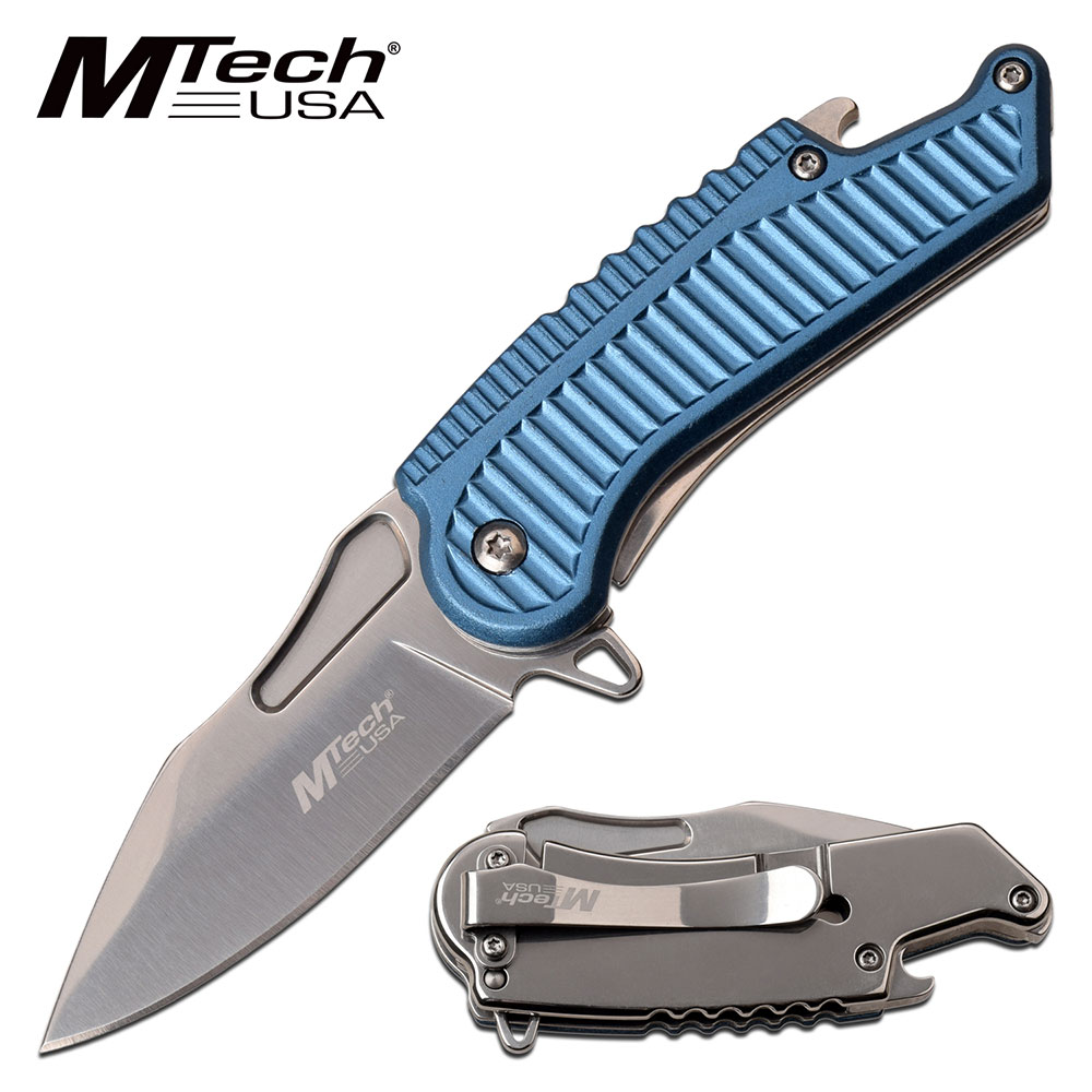 Spring-Assist Folding Knife Mtech 2.5in. Mirror Blade Blue EDC Bottle Opener