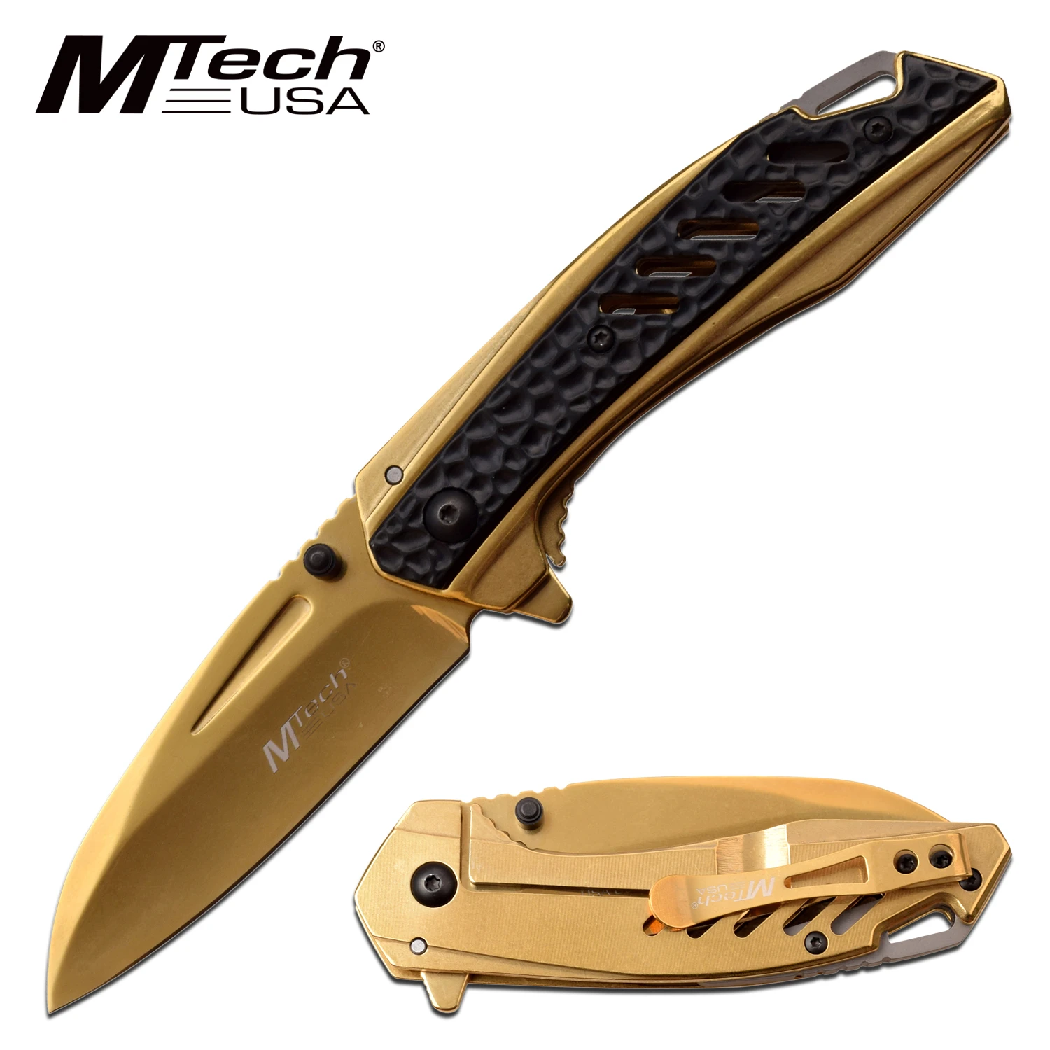 Spring-Assist Folding Knife Mtech Tactical Gold Wharncliffe Mirror Blade Black