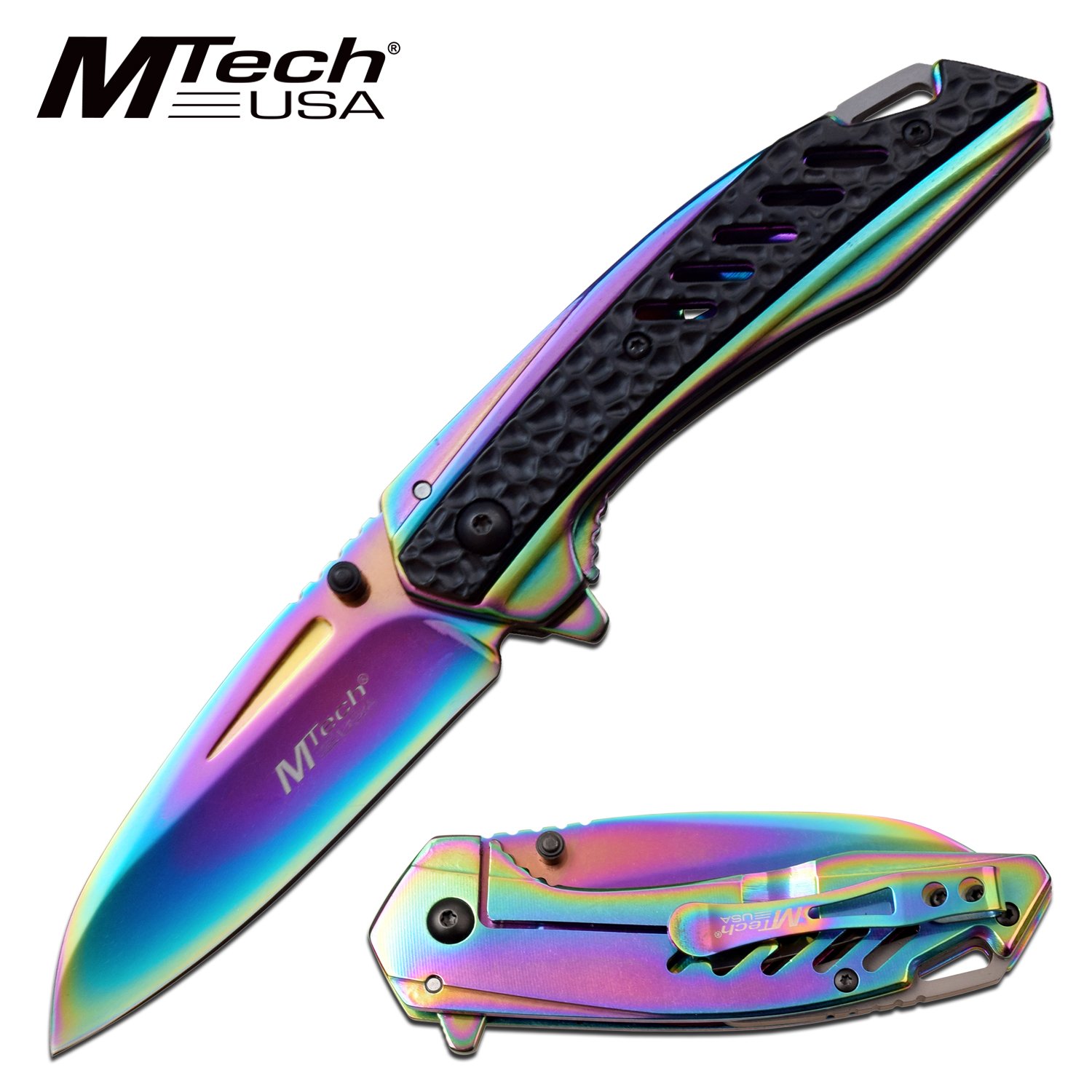 Spring-Assist Folding Knife Mtech Tactical Rainbow Wharncliffe Blade Black EDC
