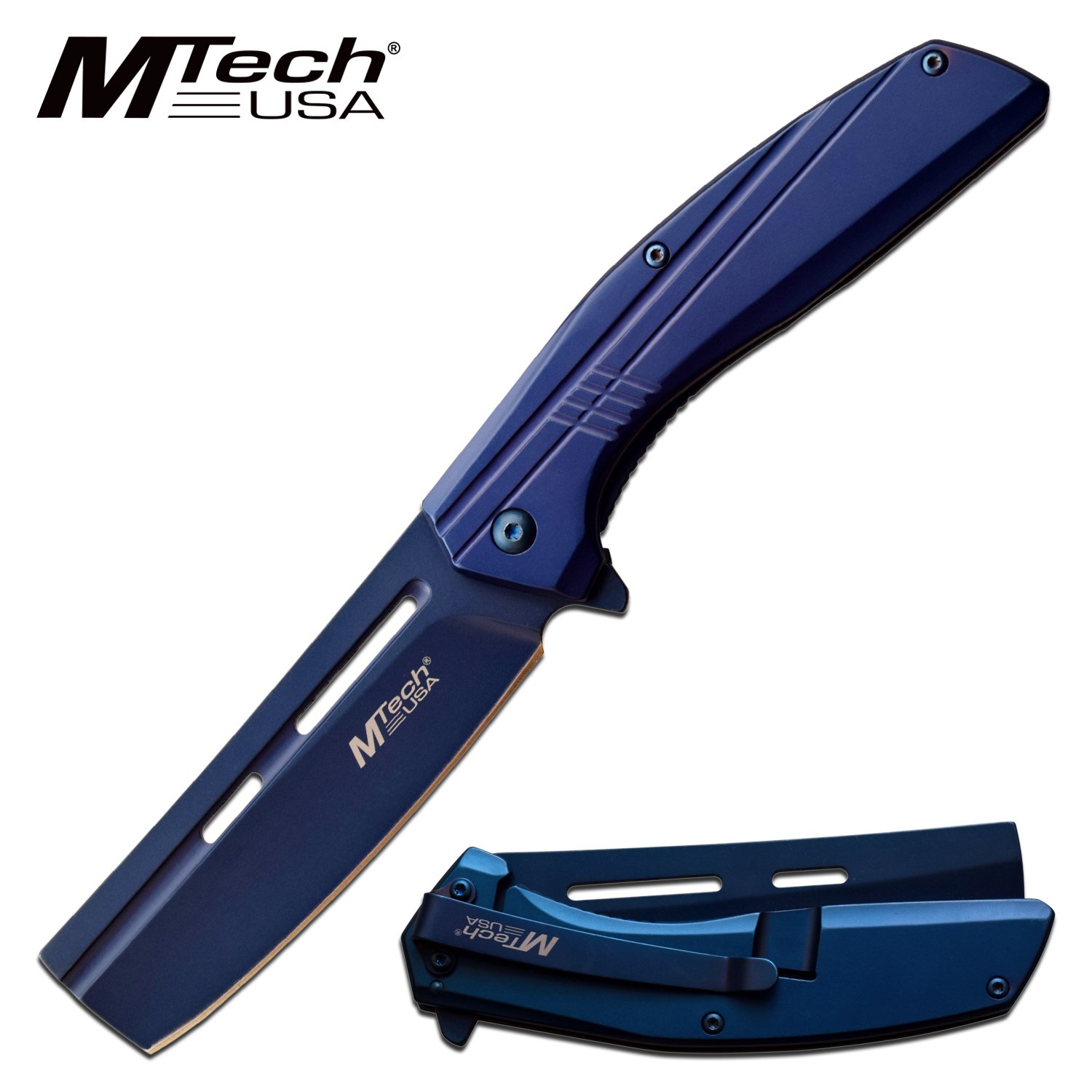 Spring-Assist Folding Knife Mtech 3.5in. Cleaver Blade Stainless Steel - Blue