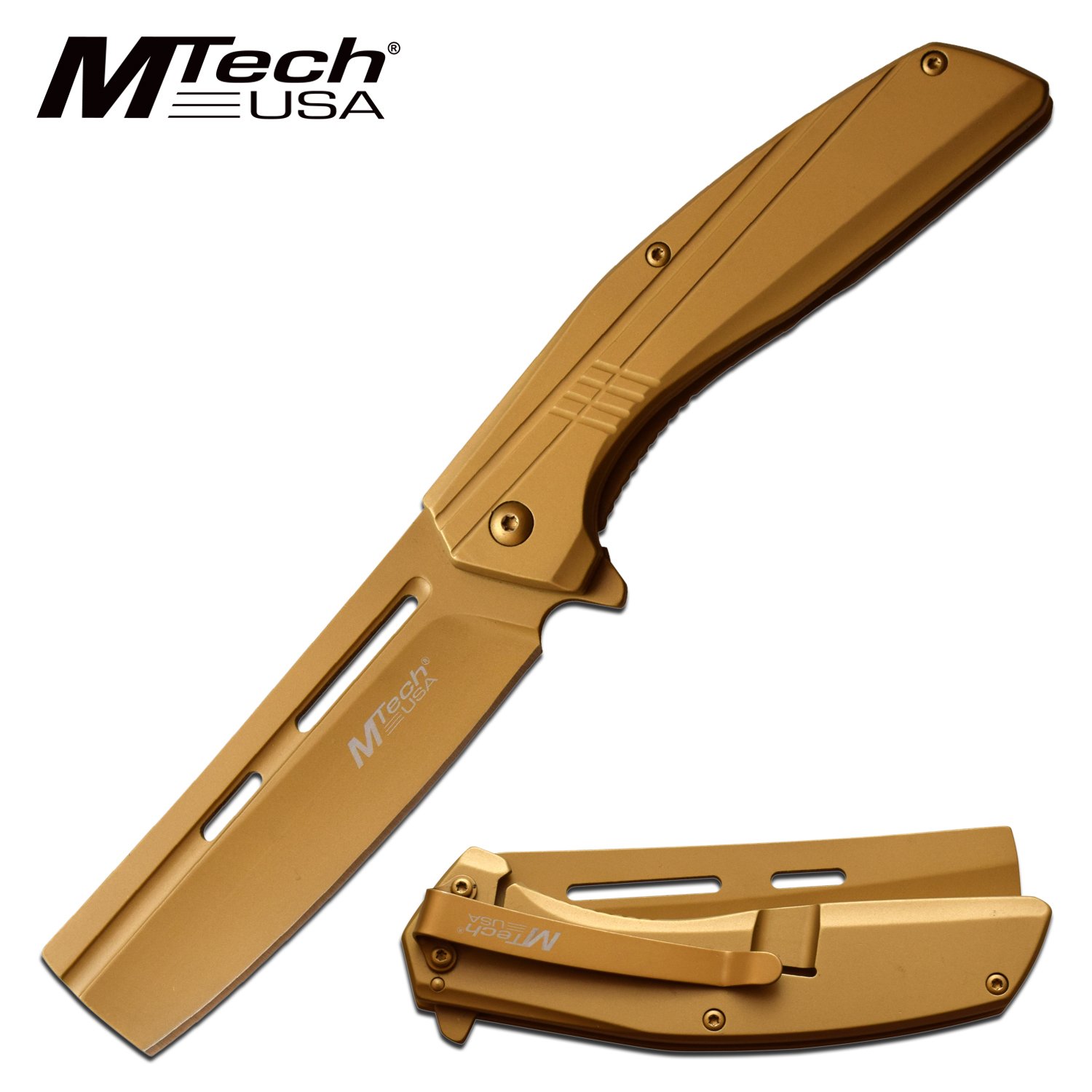 Spring-Assist Folding Knife Mtech 3.5in. Cleaver Blade Stainless Steel - Gold