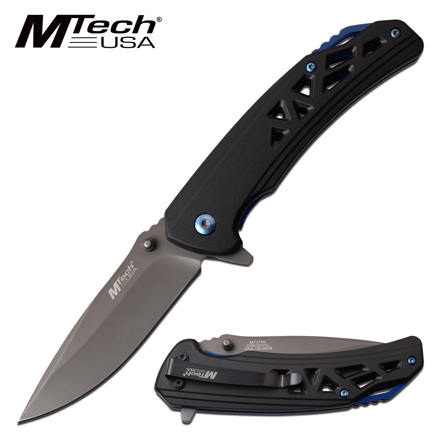 Spring-Assist Folding Knife Mtech Gunmetal Gray 3.5in. Blade EDC Black Blue