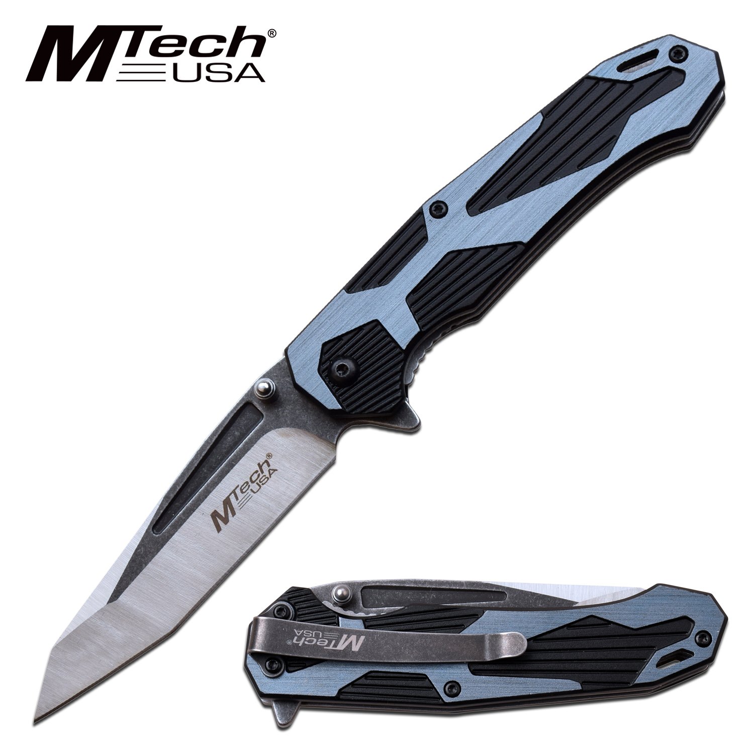 Spring-Assist Folding Knife Mtech Black Gray Tanto Blade Tactical EDC