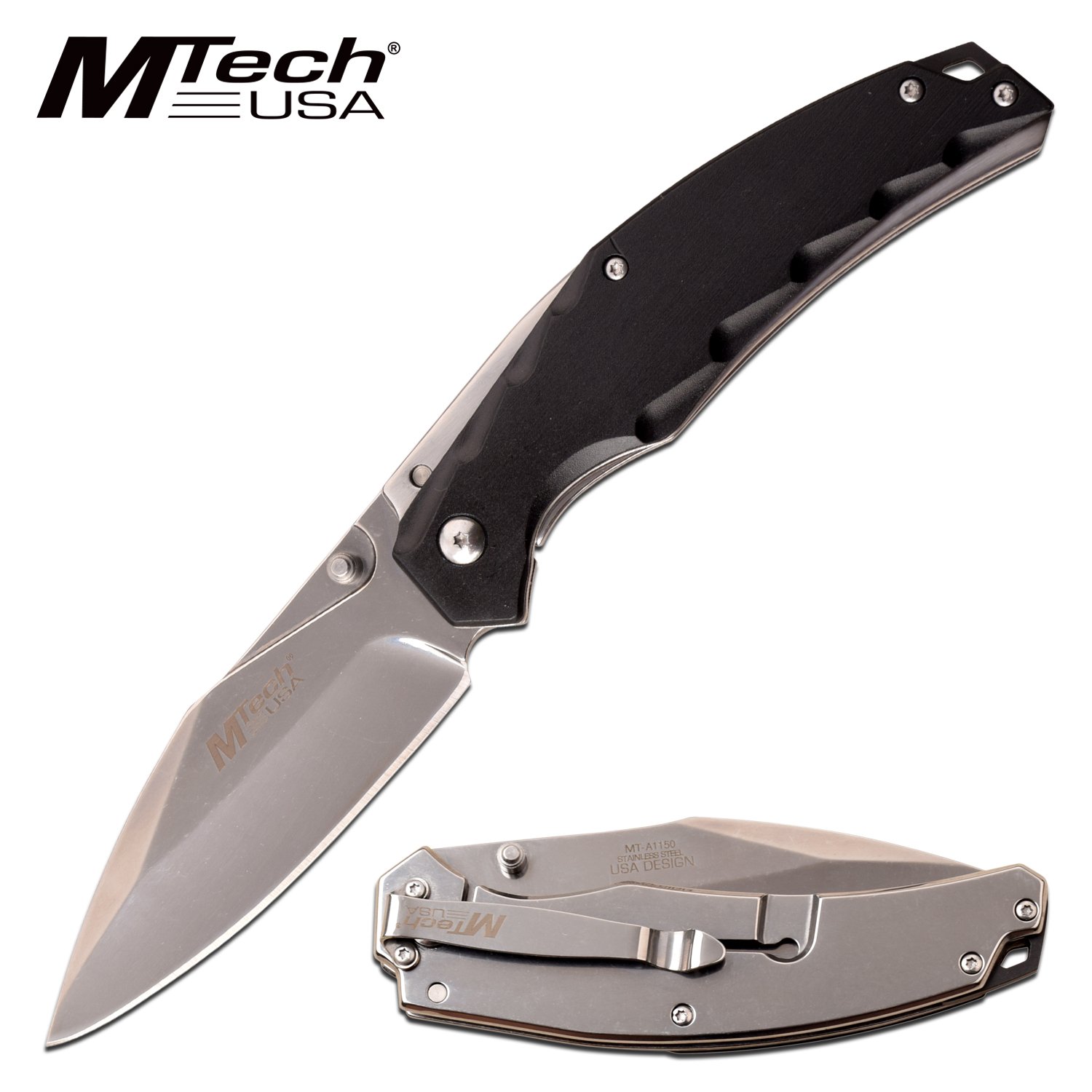 Spring-Assist Folding Knife Mtech Black Handle Mirror 3.75in. Blade EDC Tactical