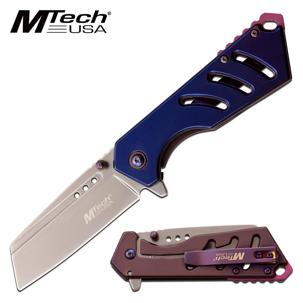 Spring-Assist Folding Knife | Mtech Mirror Finish Cleaver Blade EDC Blue Purple