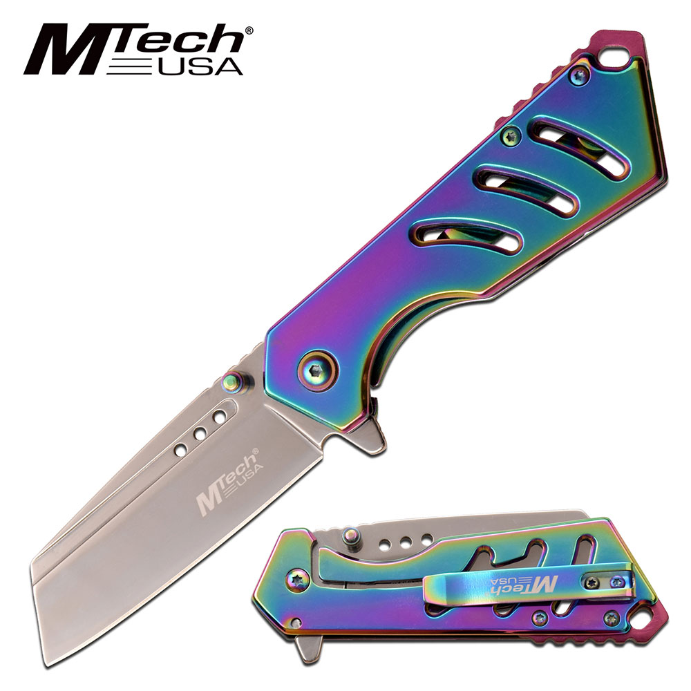 Spring-Assist Folding Knife | Mtech Mirror Finish Cleaver Blade EDC - Rainbow