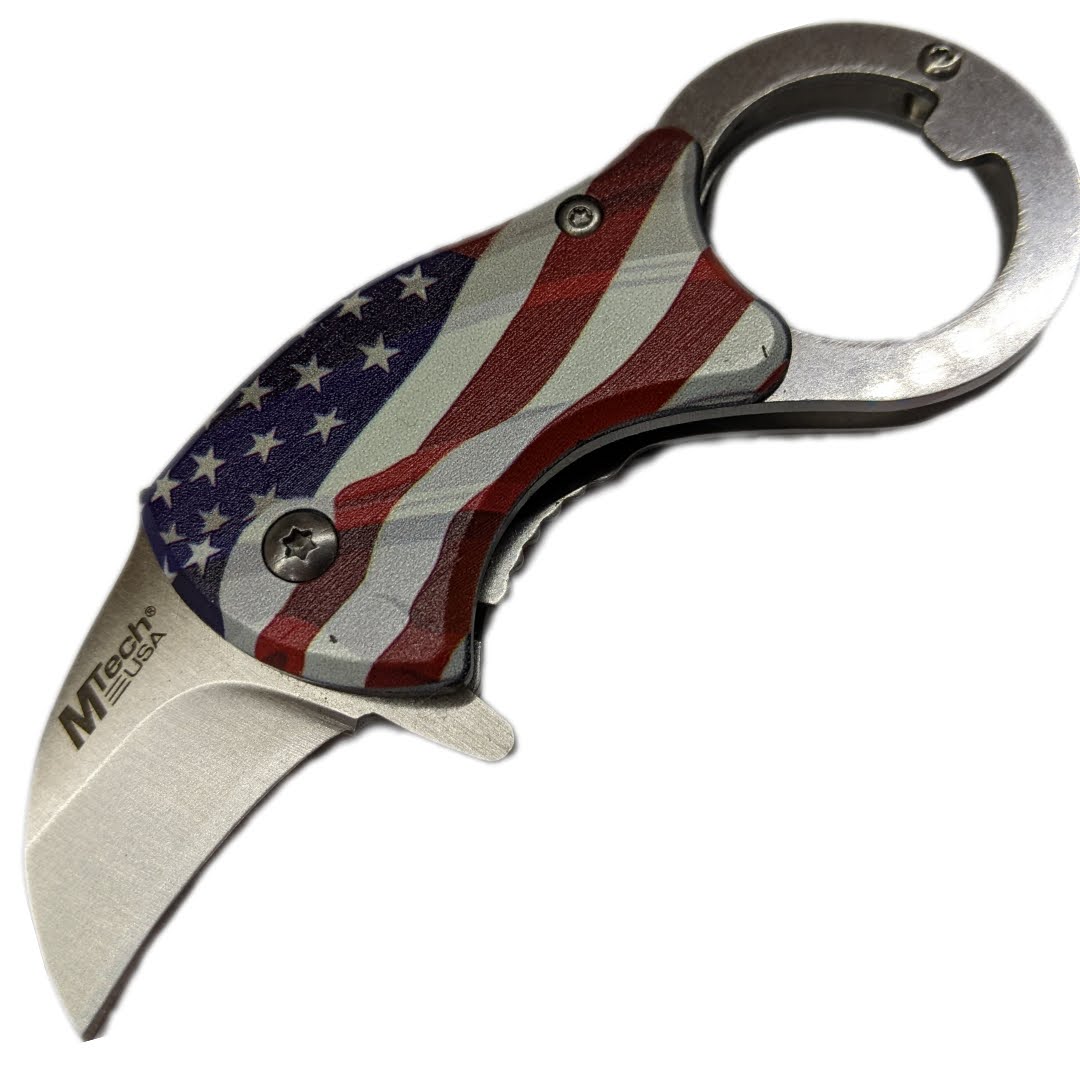 Spring-Assist Folding Knife Mtech Usa American Flag Hawkbill Blade Bottle Opener