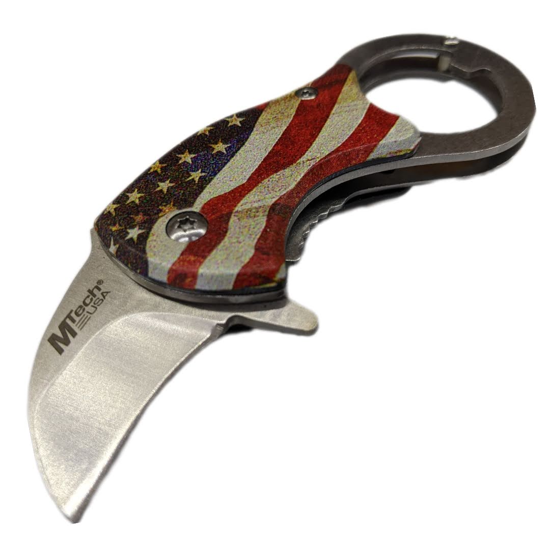Spring-Assist Folding Knife Mtech Weathered Usa American Flag Hawkbill Blade EDC