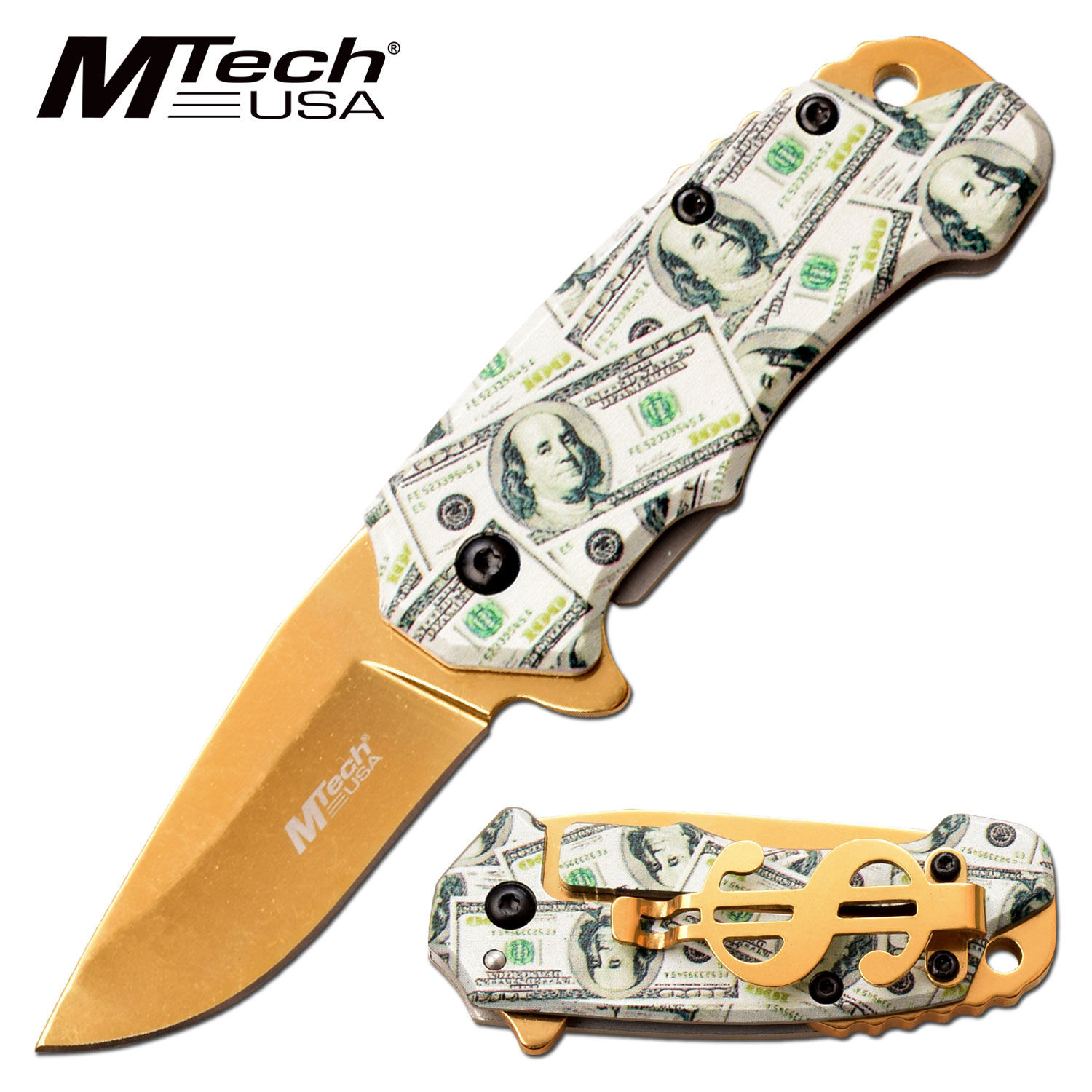 Spring Assist Folding Knife Mtech Edc Cash Money Gold 2 Mirror Blade Pocket 805319431046 Ebay