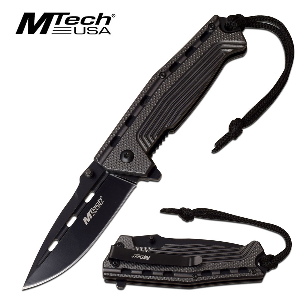Spring-Assist Folding Pocket Knife Mtech 3.5in Black Blade Gray Tactical Lanyard