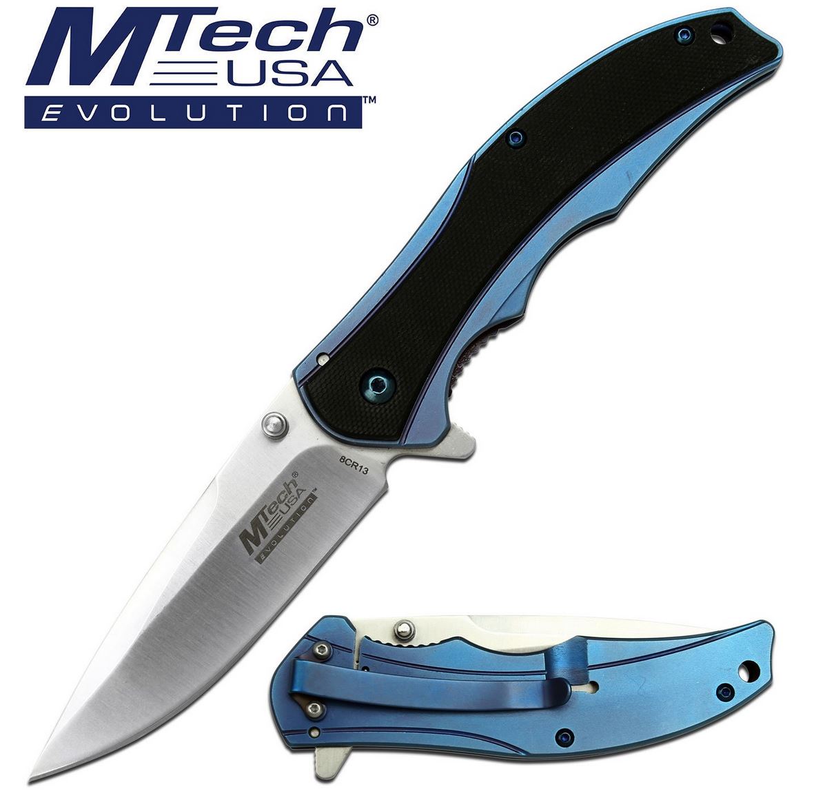 Manual Folding Knife Mtech Evolution Black Blue Ball Bearing Pivot Tactical EDC