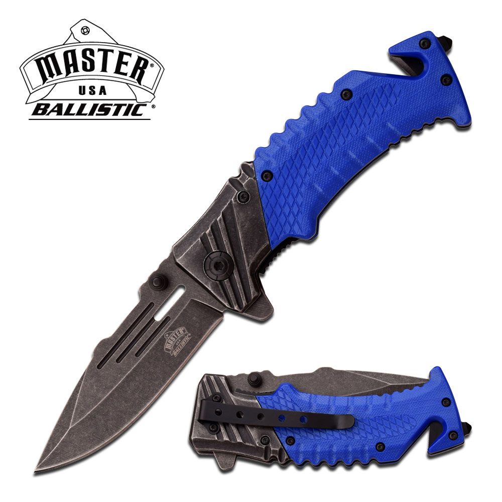 Spring-Assist Folding Knife Mtech 3.35In Stone Gray Blade Tactical Rescue Blue