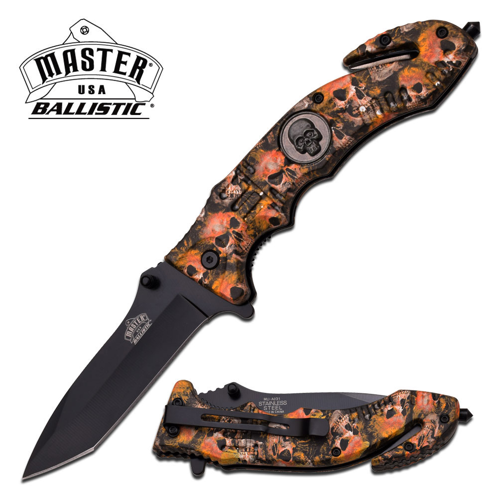 Spring-Assist Folding Pocket Knife Black Tanto Blade Orange Skull Tactical EDC
