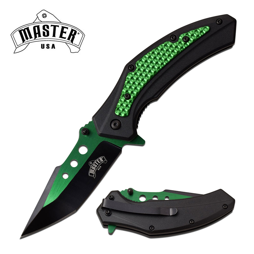 Spring-Assist Folding Knife Tactical Black Green Tanto 3.25