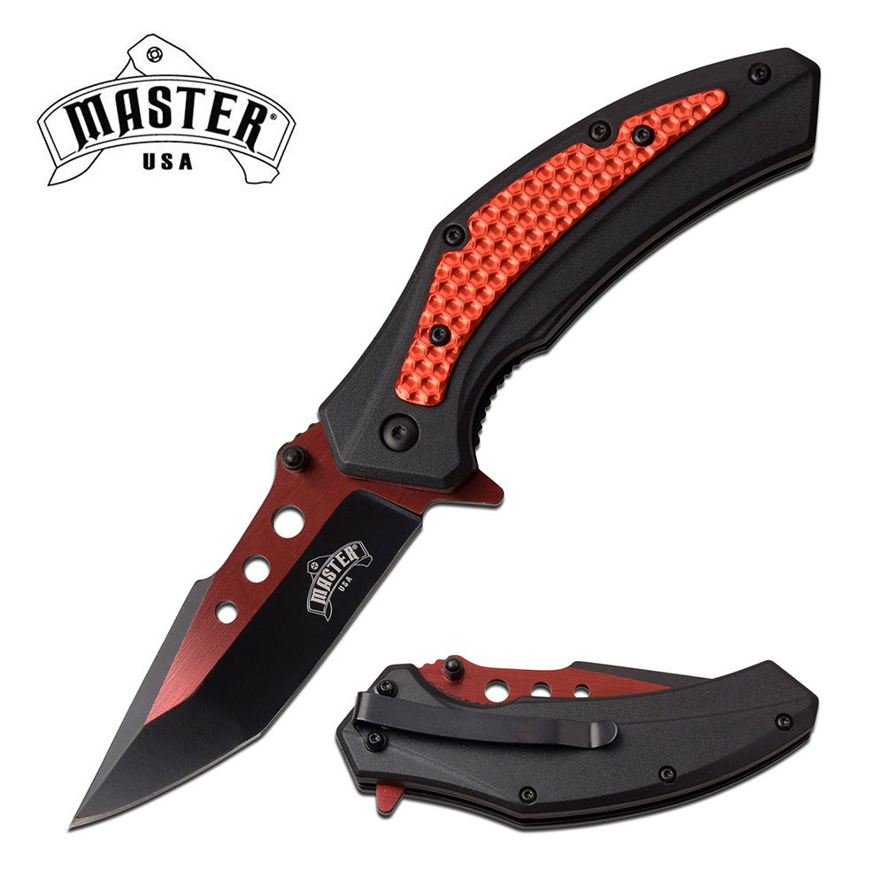 Spring-Assist Folding Knife Tactical Black Red Tanto 3.25