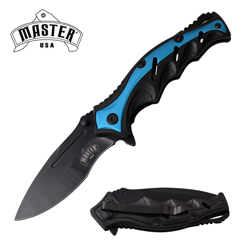 Spring-Assist Folding Knife 3.5in. Black Blade Tactical EDC Blue Easy-Open A/O