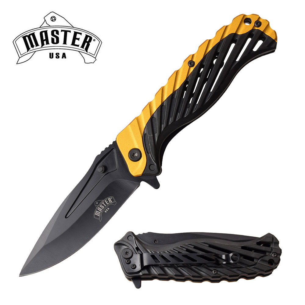 Spring-Assist Folding Knife 3.75in. Black Blade Tactical EDC Gold Easy-Open A/O
