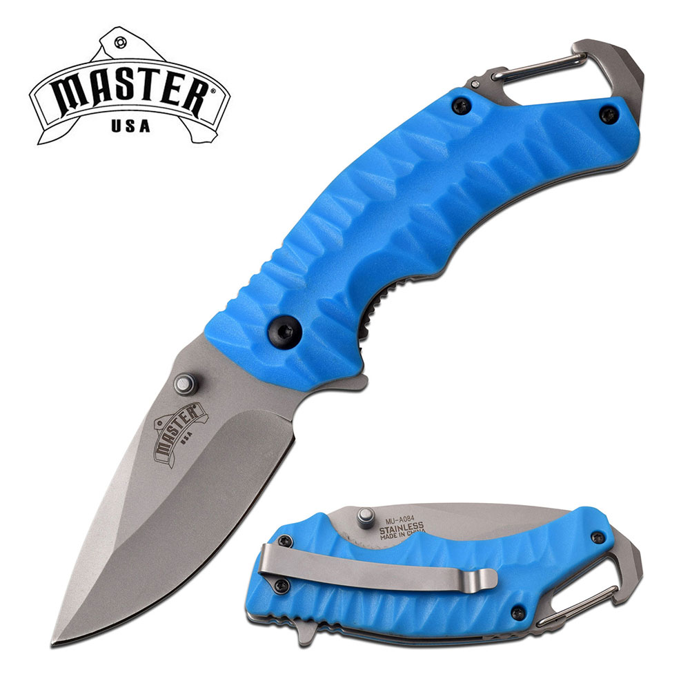 Spring-Assisted Folding Pocket Knife | Tactical Blue Carabiner Utility EDC