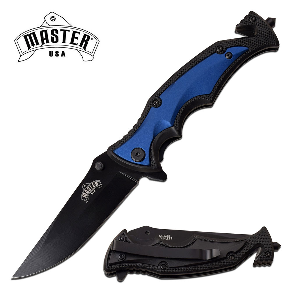 Spring-Assist Folding Knife | Mtech Blue Tactical Rescue EDC Black 3.5