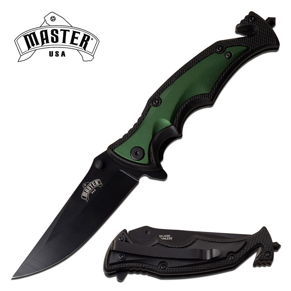 Spring-Assist Folding Knife | Mtech Green Tactical Rescue EDC Black 3.5