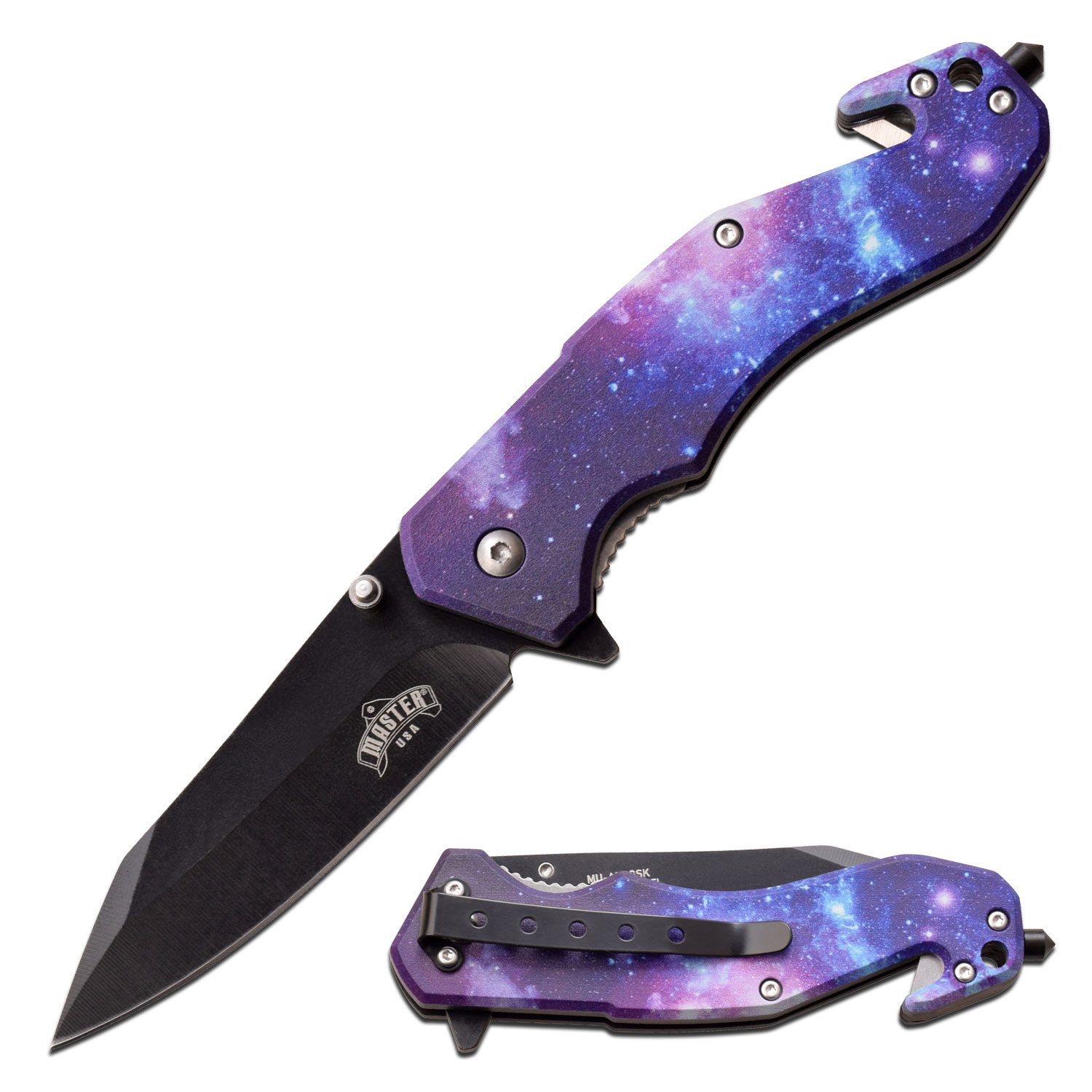 Spring-Assist Folding Knife 3.25In Black Blade Purple Space Galaxy Rescue EDC