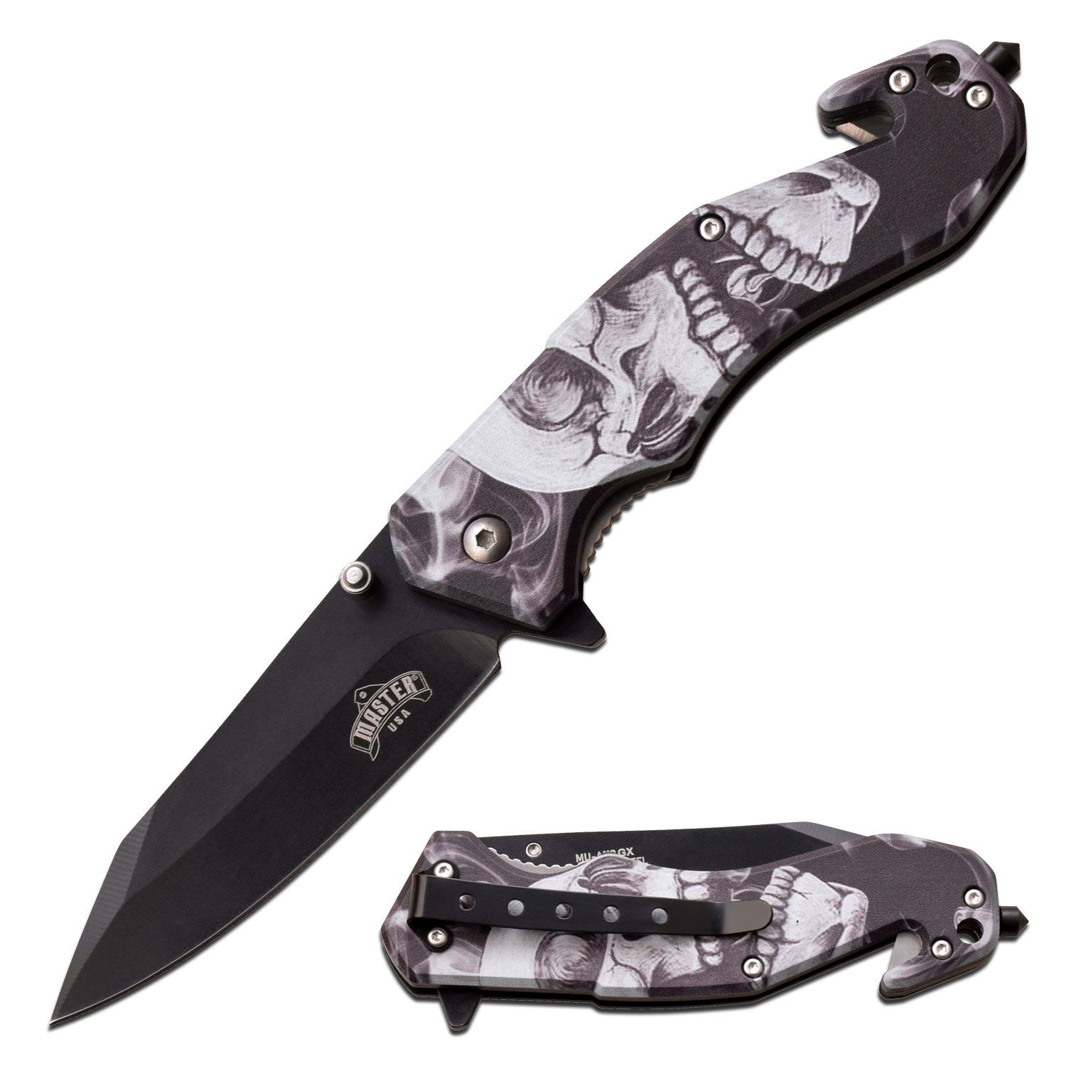 Spring-Assist Folding Knife 3.25In Black Blade Gray Skull Tactical Rescue EDC