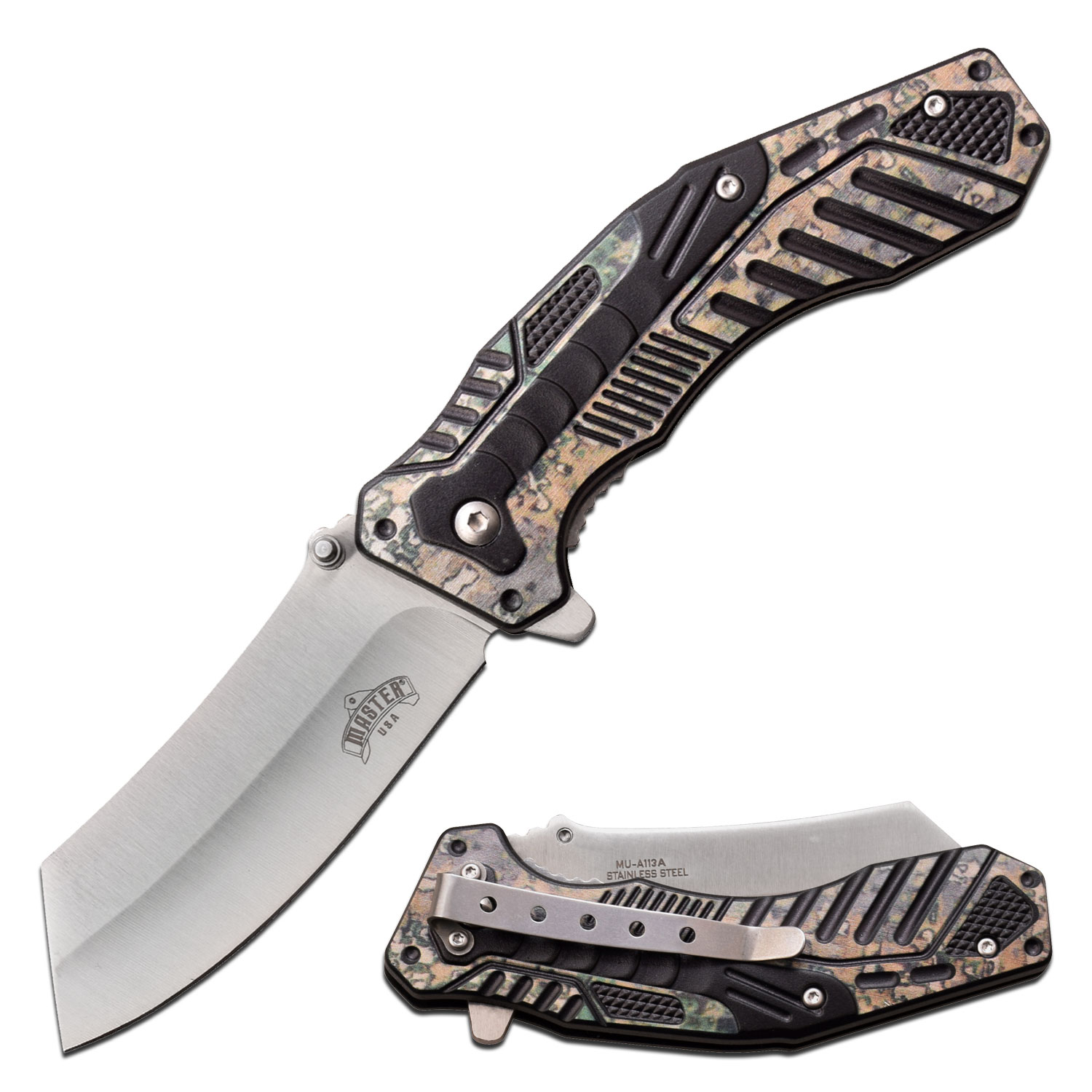 Spring-Assist Folding Knife Mtech Cleaver 3.25In Blade Black Tan Camo Tactical