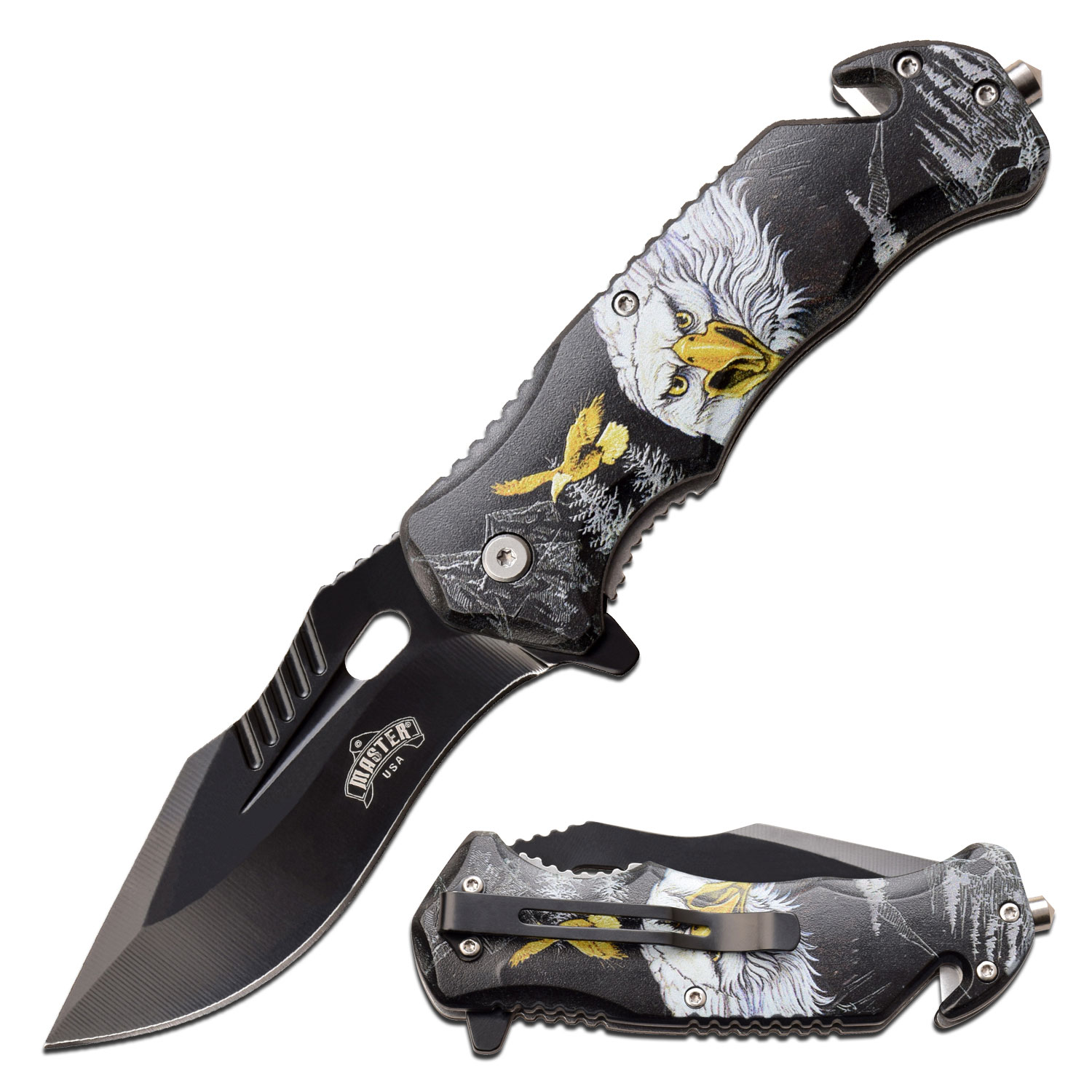 Spring-Assist Folding Knife 3.75In Black Blade Tactical EDC Rescue Eagle